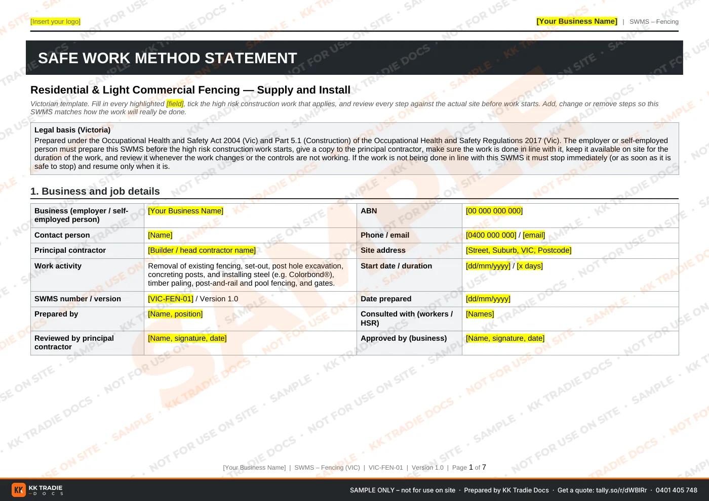First page of a sample fencing SWMS: business and job details, and the high risk construction work checklist